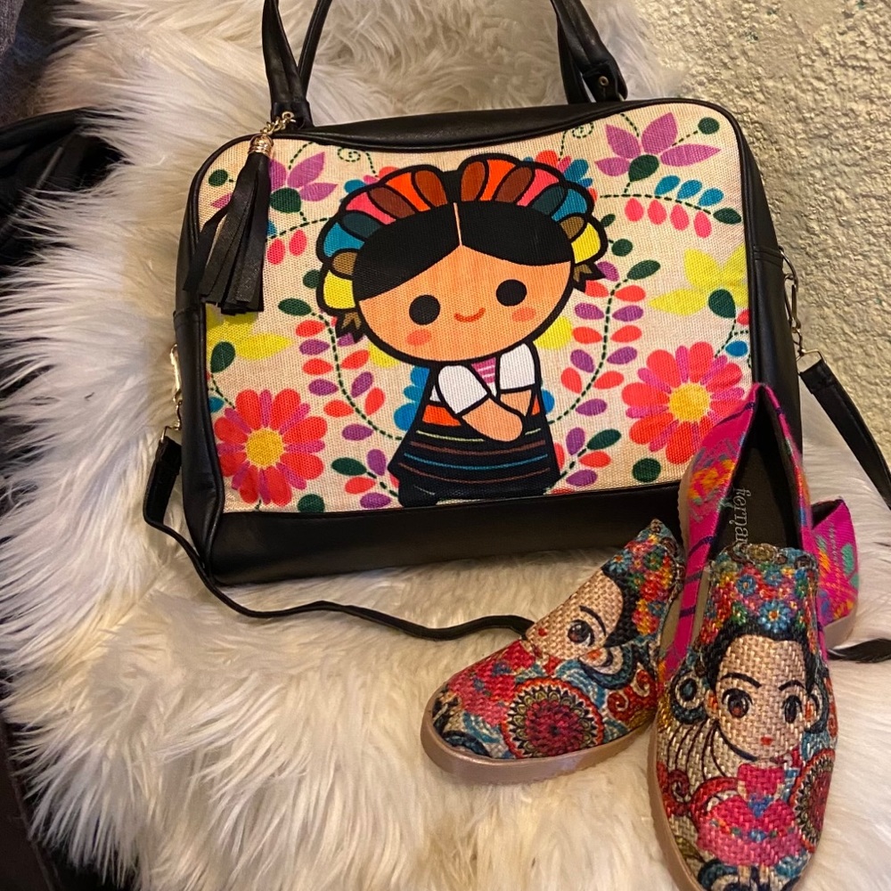 Mexican “Maria” Crossbody Bag Purse Carry On 13x15” Black Floral Bohemian Fiesta